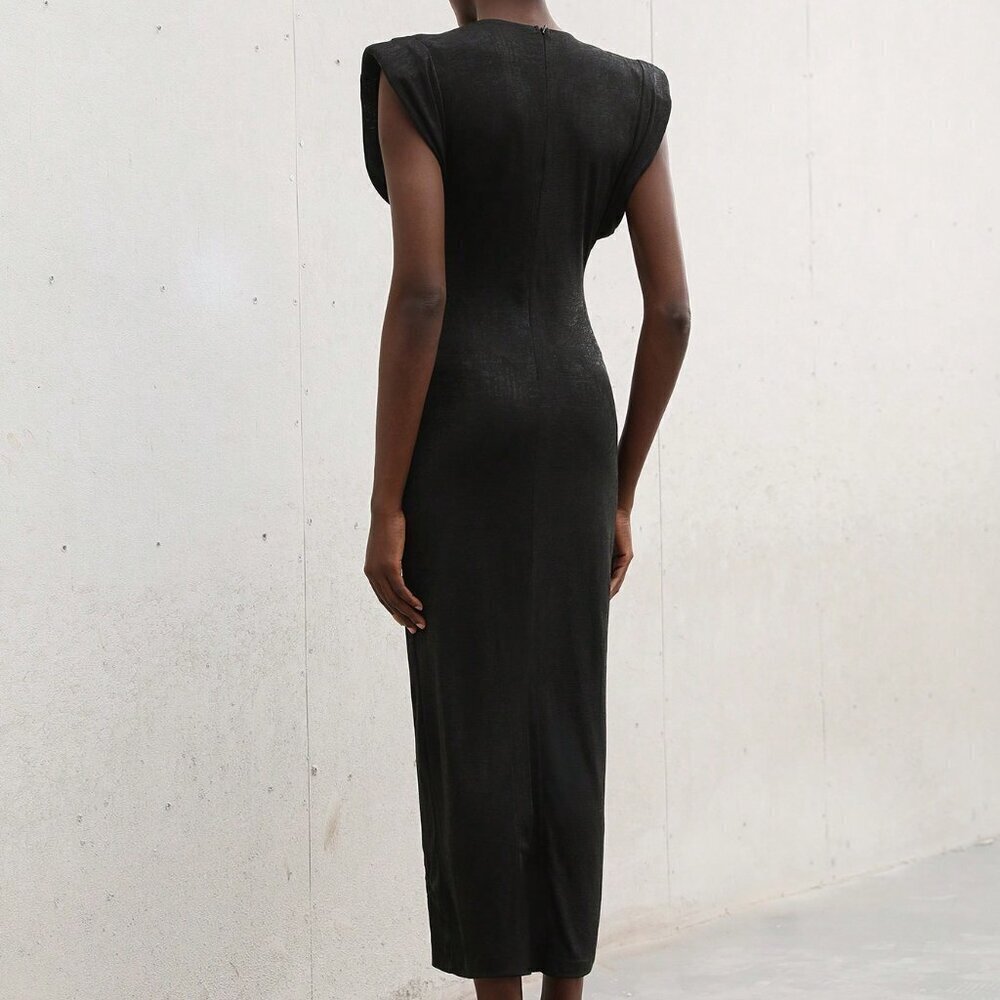 Black Elegant Women's Bodycon Long Dress Puff Sleeves Crew Neck - Picture 2 of 7